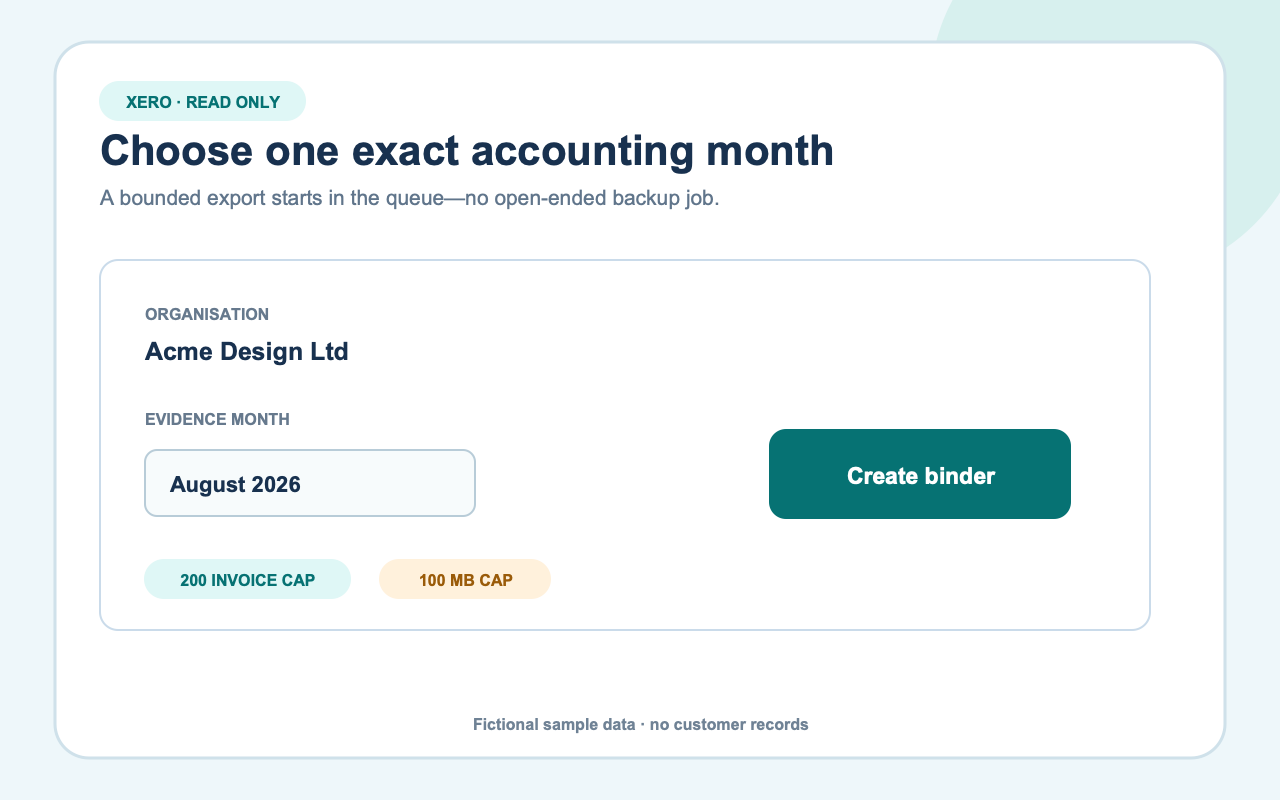 Select a month for a Xero evidence binder